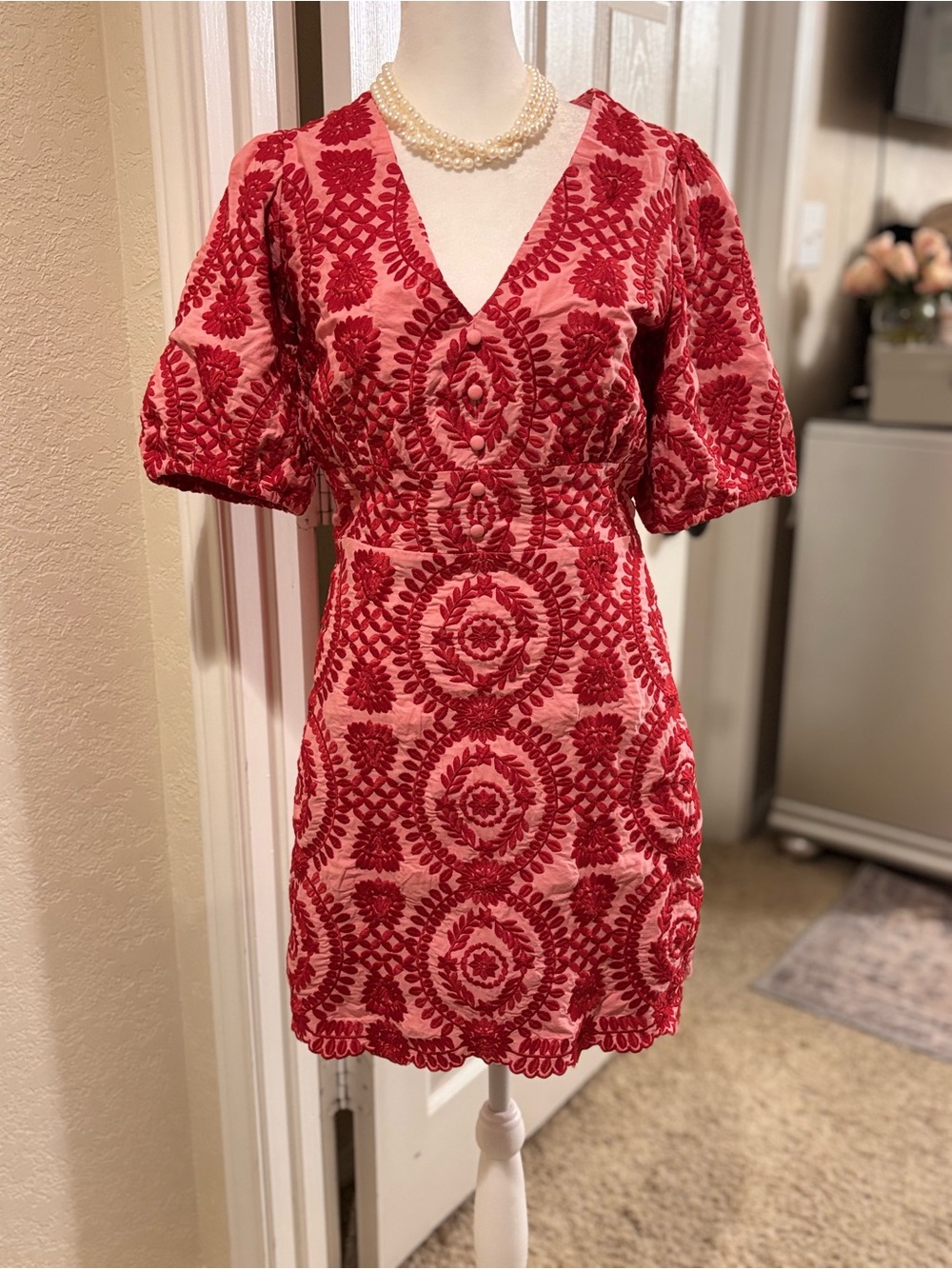 Adelyn Rae Red Embroidered V-Neck Mini Dress
